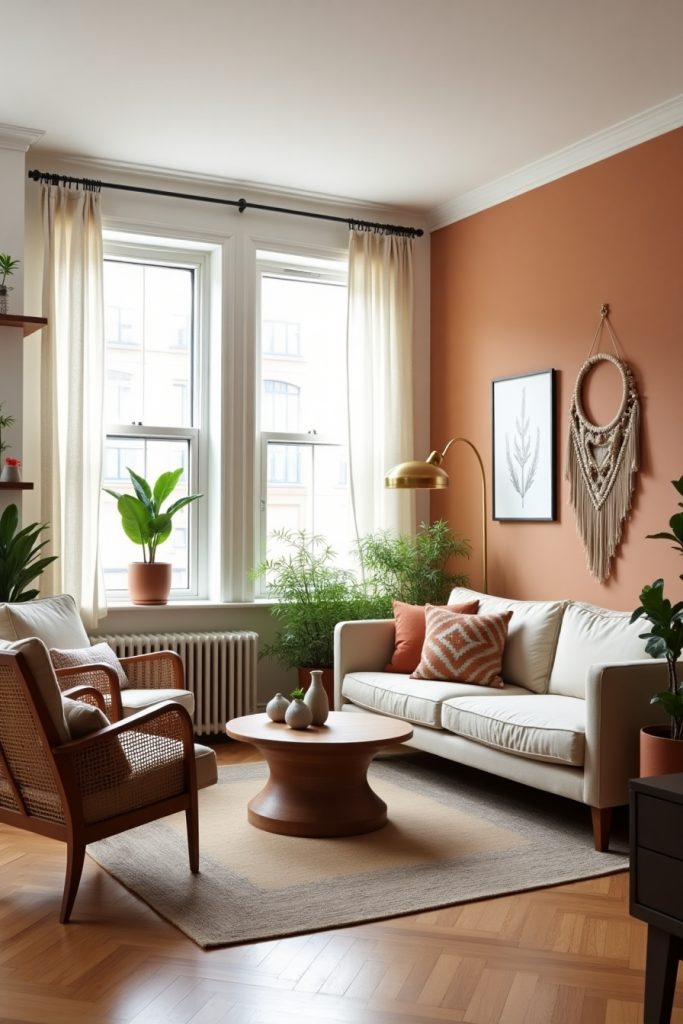 Cozy boho mid-century living room with rattan chairs, layered rugs, plants, and macramé art.