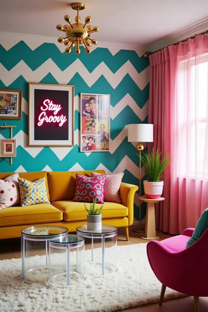 Funky retro living room with mustard sofa, chevron wall, neon sign, and bold colorful decor.