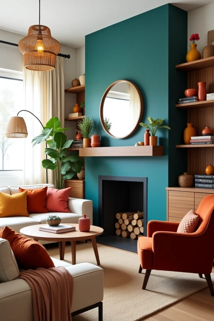 Cozy boho living room with teal fireplace, colorful pillows, jute rug, and warm layered textures.