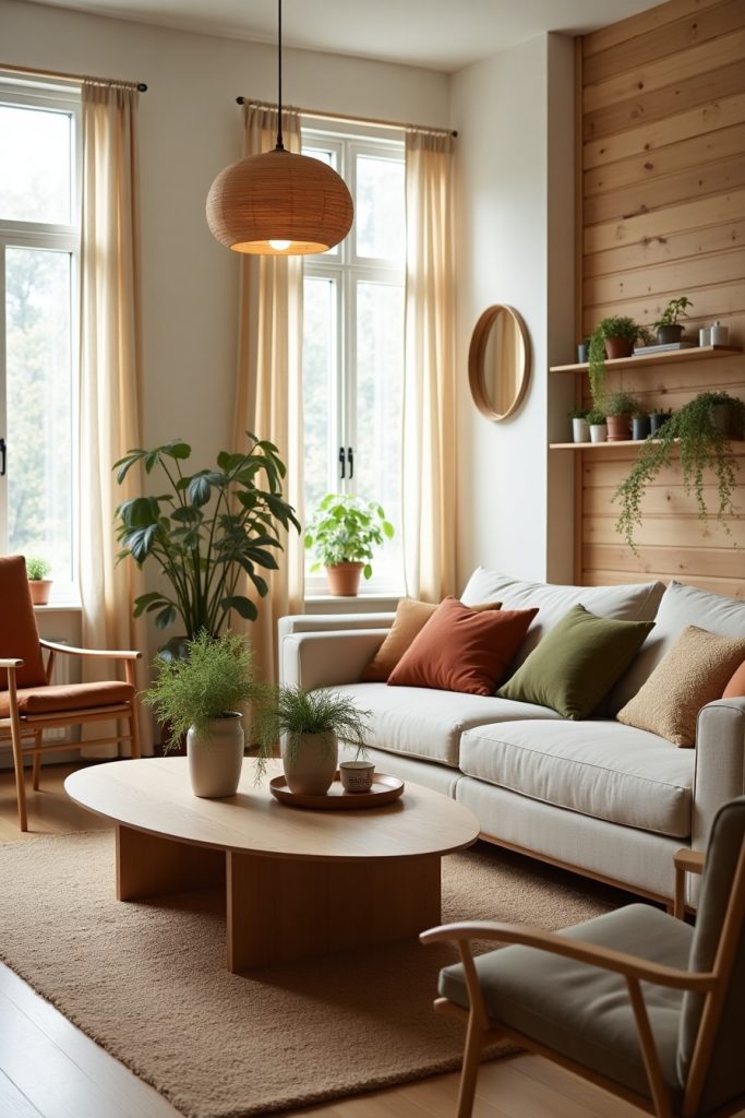 Eco-friendly Japandi living room with linen sofa, reclaimed wood table, plants, and soft lighting.