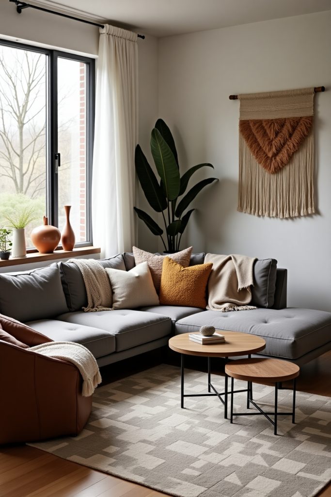 Modern living room with sculptural vases, textured throws, bold rug, and soft ambient lighting.