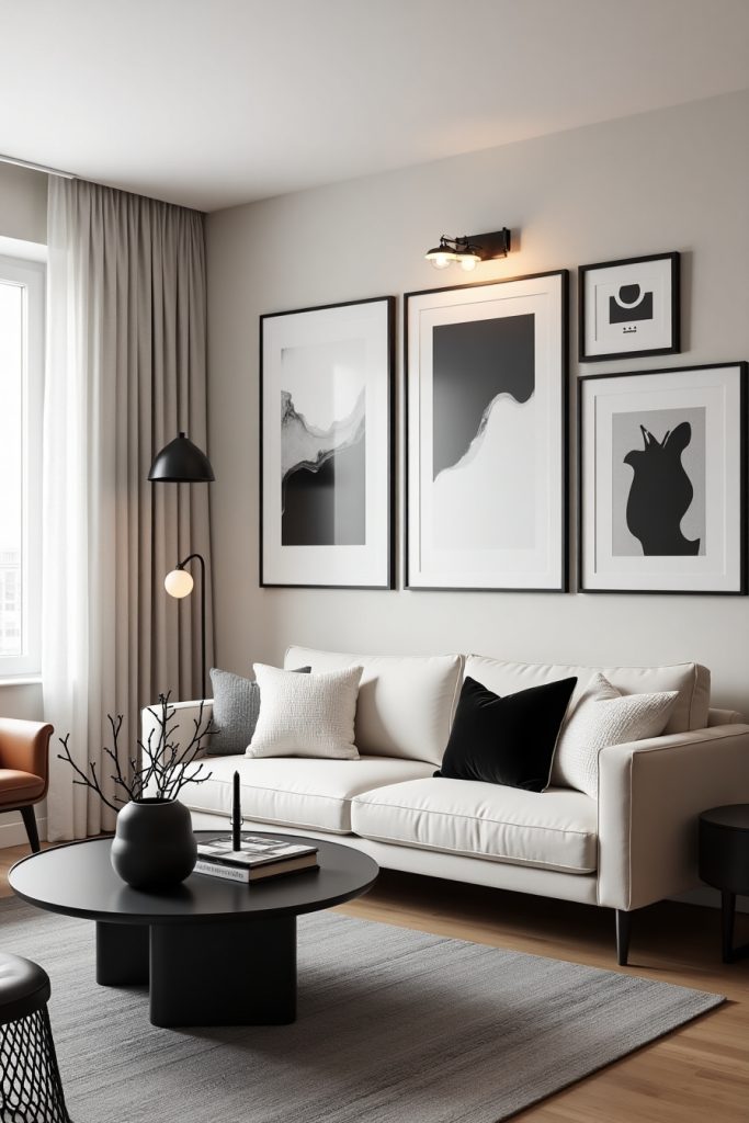 Modern minimalist living room with gallery wall, ivory sofa, black accents, and layered textures.