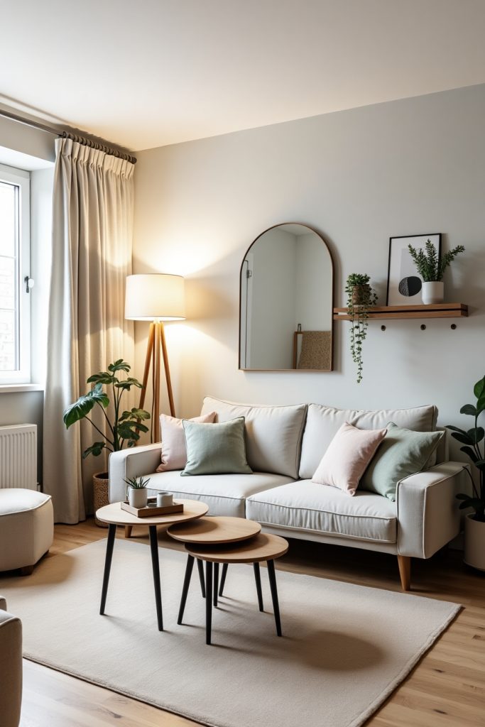 Scandinavian-style small apartment living room with light furniture, soft tones, and smart storage.