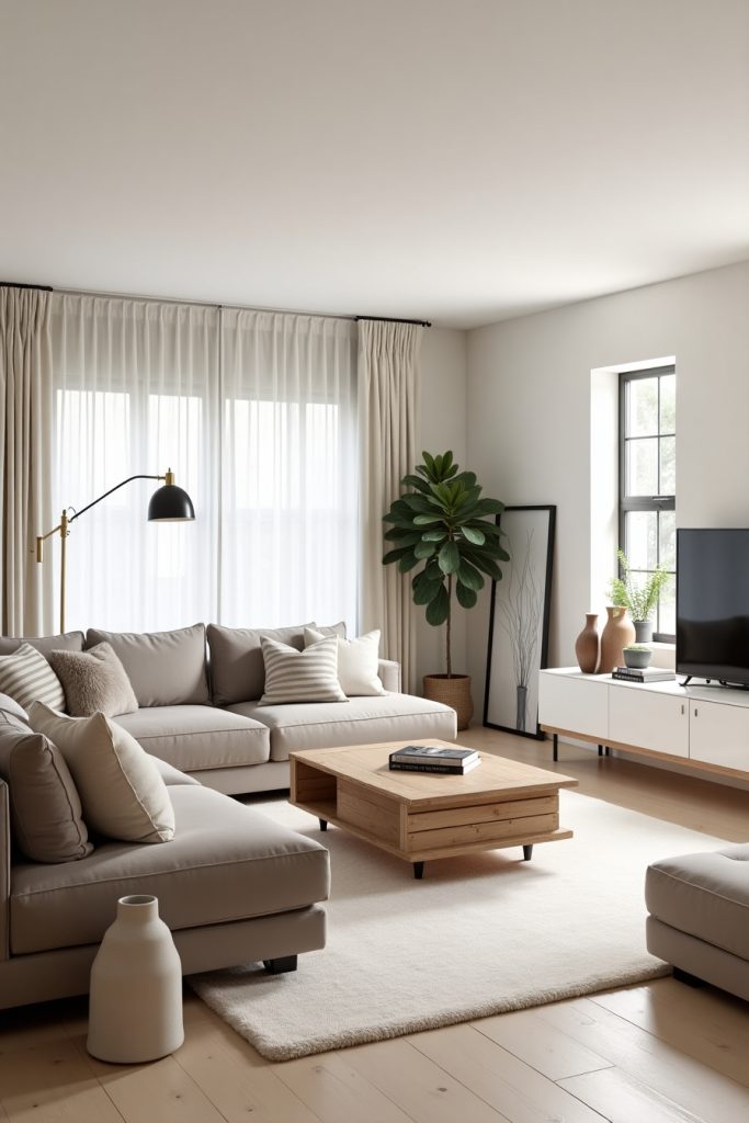 Minimal luxe living room with taupe sectional, crate coffee table, and soft neutral decor accents.