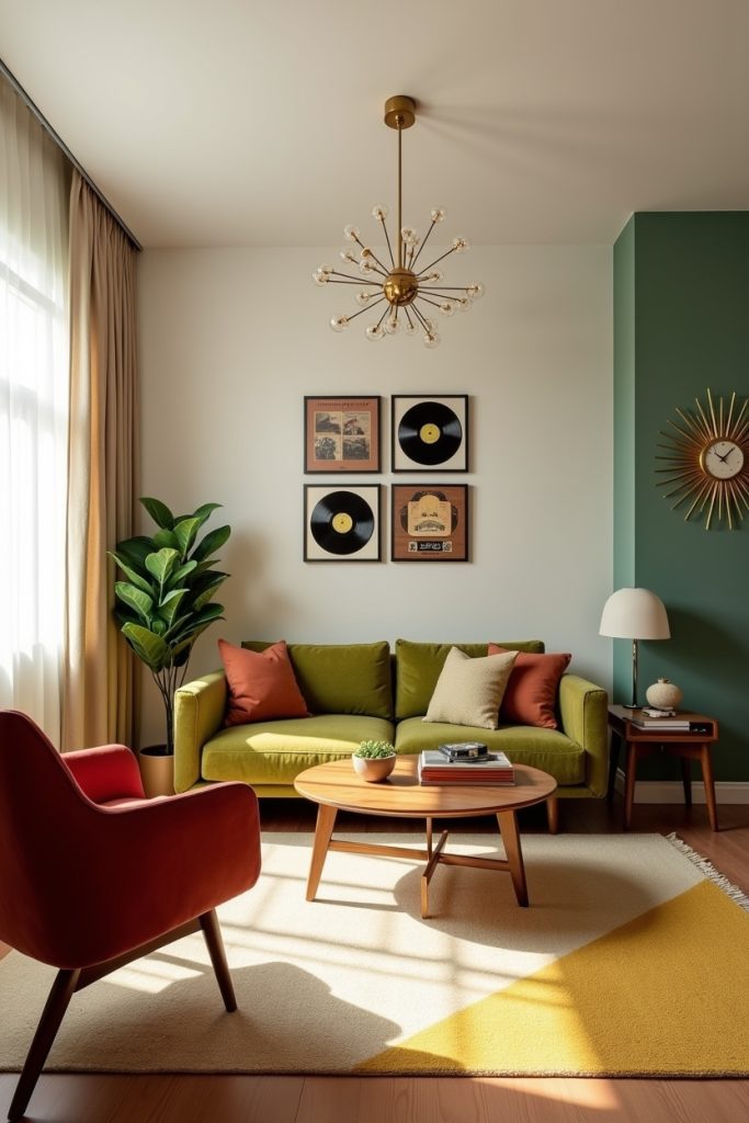 Retro-modern living room with cherry red chair, green sofa, vinyl wall, and geometric rug.