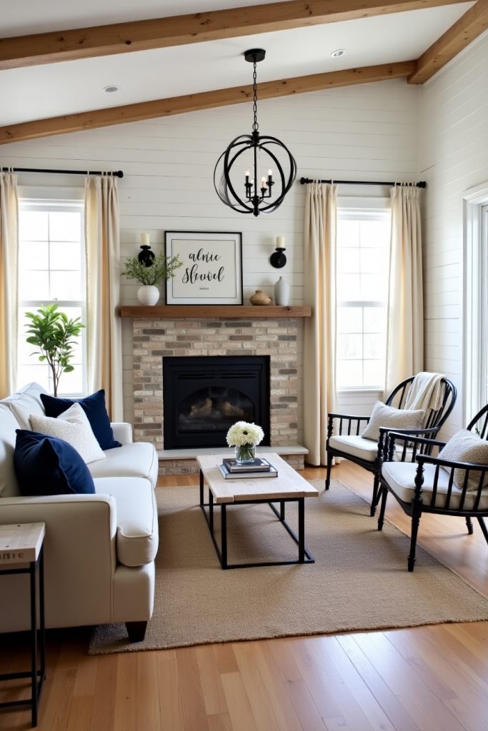 Cozy modern farmhouse living room with linen sofa, wood beams, shiplap walls, and rustic decor.