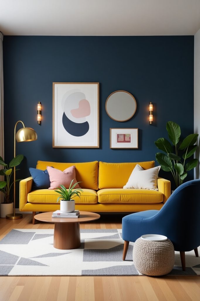 Mid-century modern living room with mustard sofa, navy wall, brass lighting, and abstract decor.