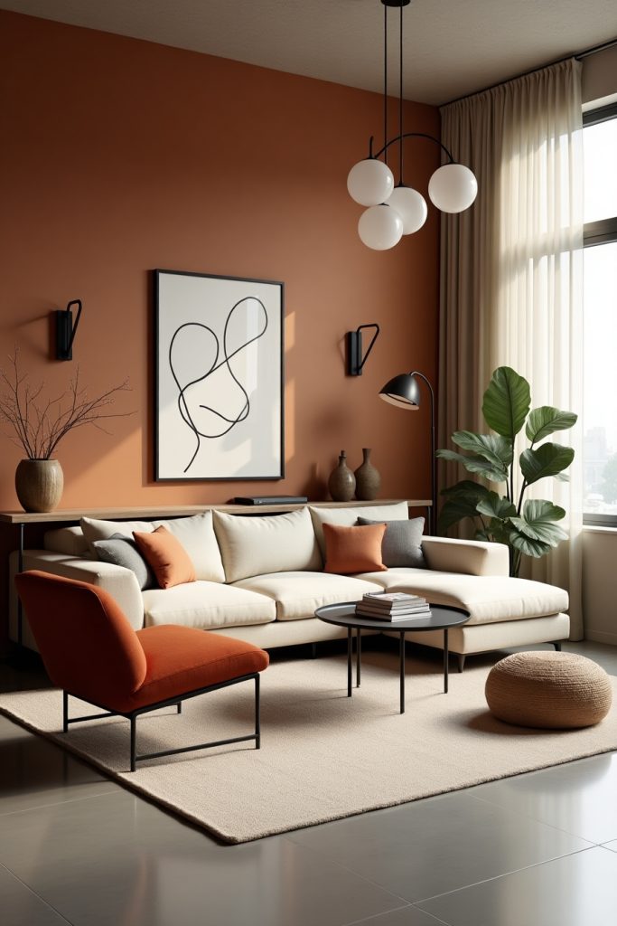 Minimalist modern living room with concrete floor, beige sofa, rust chair, and terracotta wall.