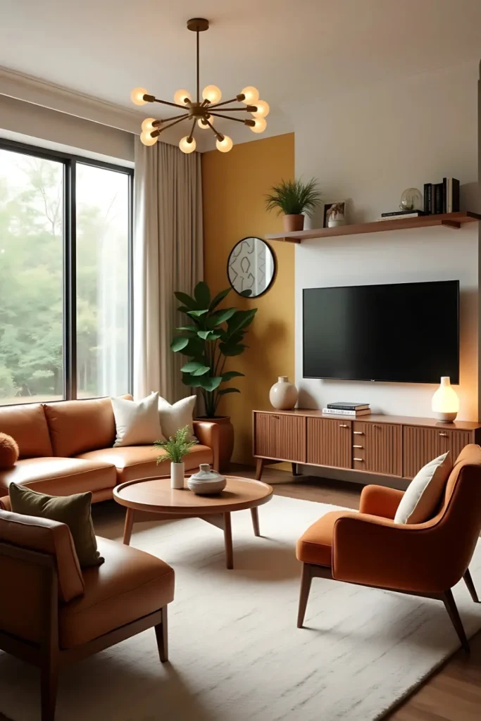 Mid-century modern living room with tan furniture, wood accents, and a retro chandelier light.