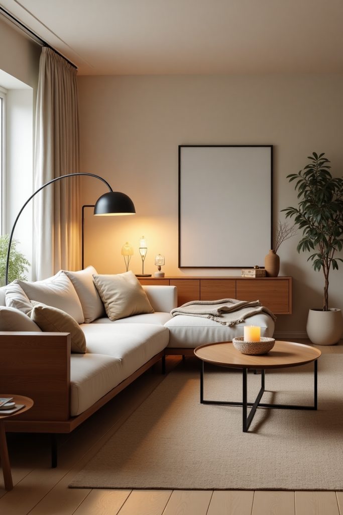 Japandi living room with warm lighting, arc lamp, linen sofa, jute rug, and textured walls.