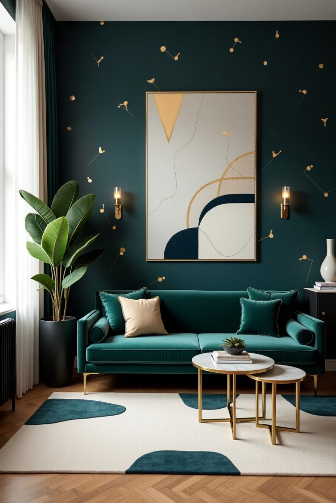 Glam living room with navy accent wall, emerald velvet sofa, gold accents, and modern lighting.