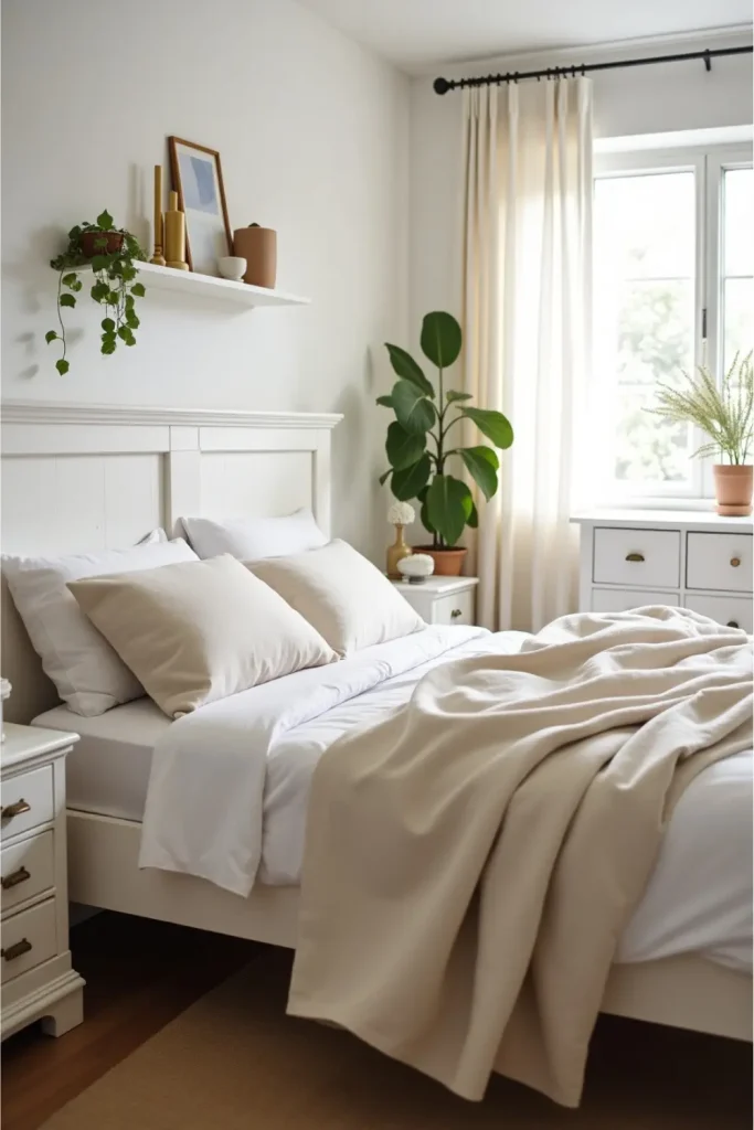 Minimalist white bedroom with linen bedding, gold accents, DIY shelf, and soft natural lighting.