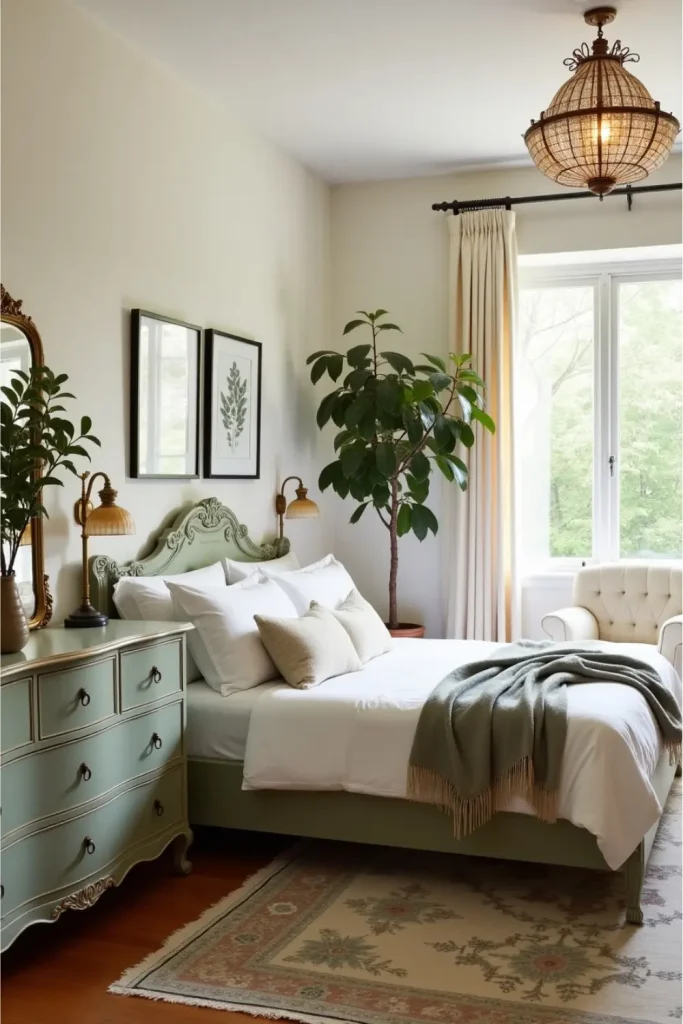 Modern bedroom with sage green antique dresser, boucle chair, warm lighting, and vintage accents.