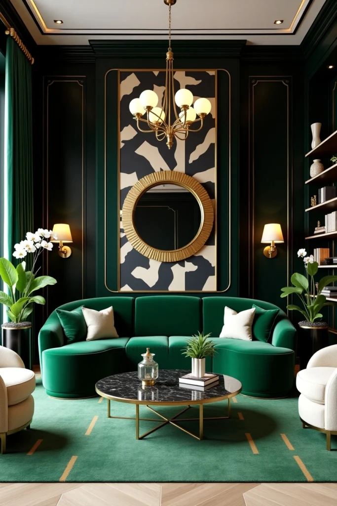 Luxurious emerald green Art Deco living room with velvet sofa, gold accents, and bold patterns.