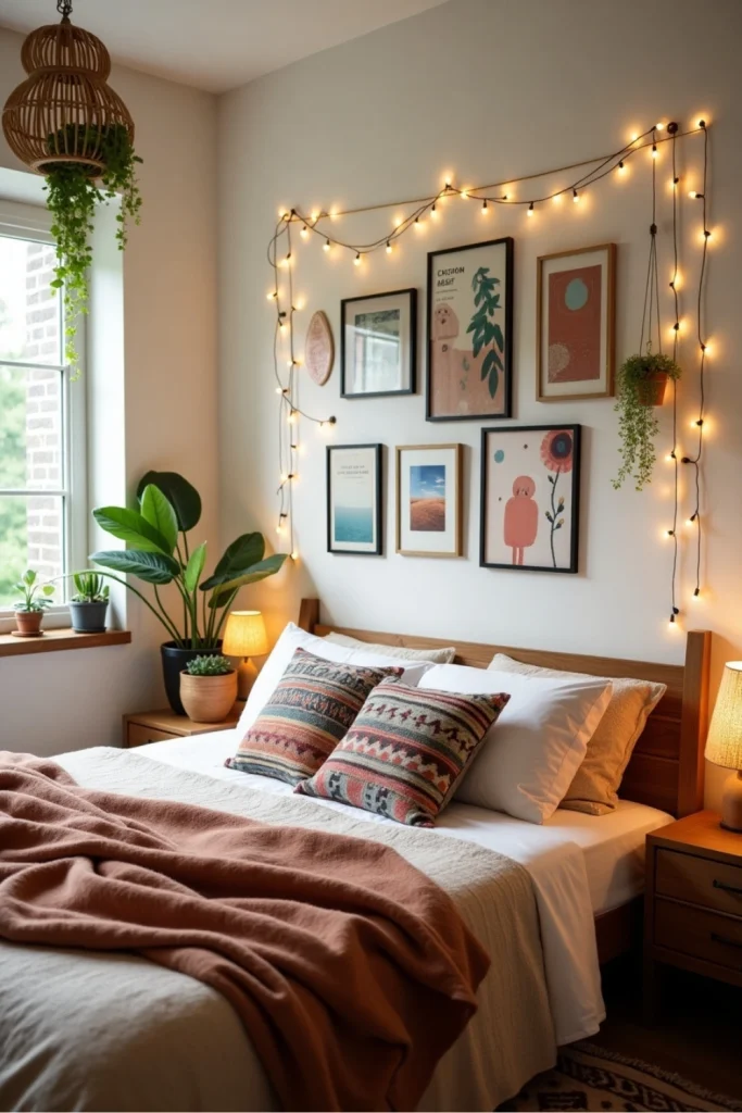 Eclectic boho gallery wall above bed with plants, rugs, washi tape, and warm lighting.