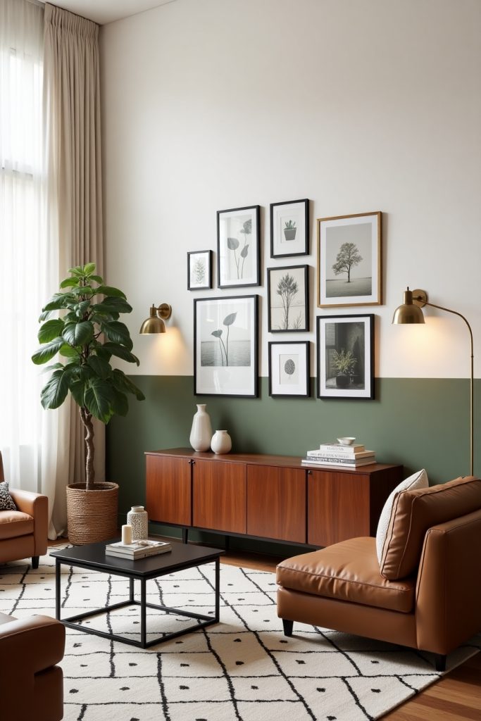 Modern living room with eclectic gallery wall, caramel sofa, Berber rug, plants, and warm lighting
