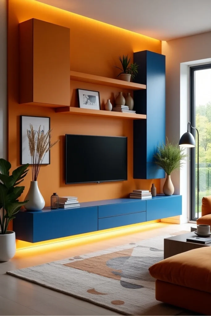 Bold TV wall unit with sculptural shelves, vibrant colors, soft seating, and abstract decor details.