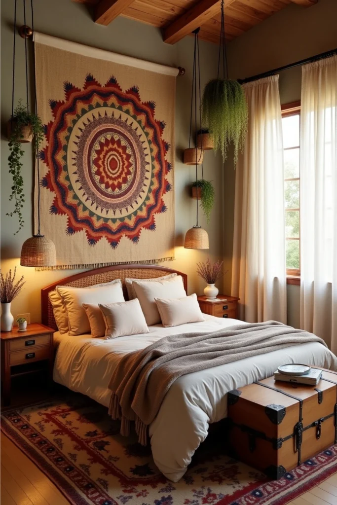 Boho bedroom with colorful tapestry, warm lighting, plants, soft linens, and rattan headboard decor.