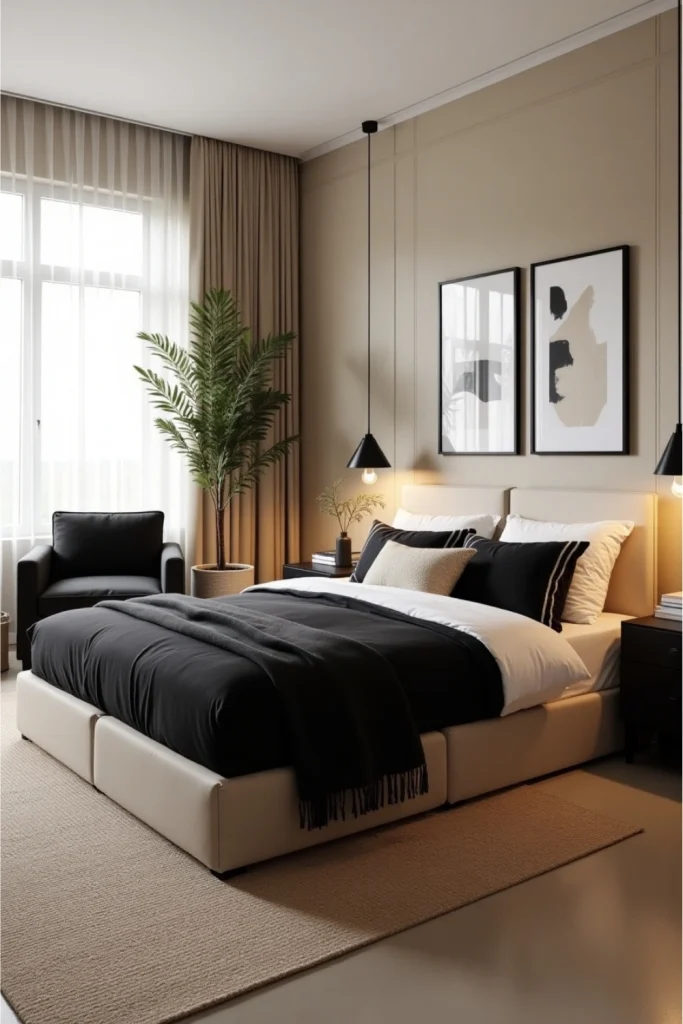 Modern beige and black bedroom with tufted bed, striped pillows, warm lighting, and soft textures.