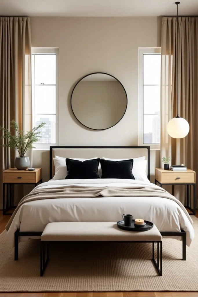 Japandi guest bedroom with black bed, beige headboard, white bedding, and minimalist decor.