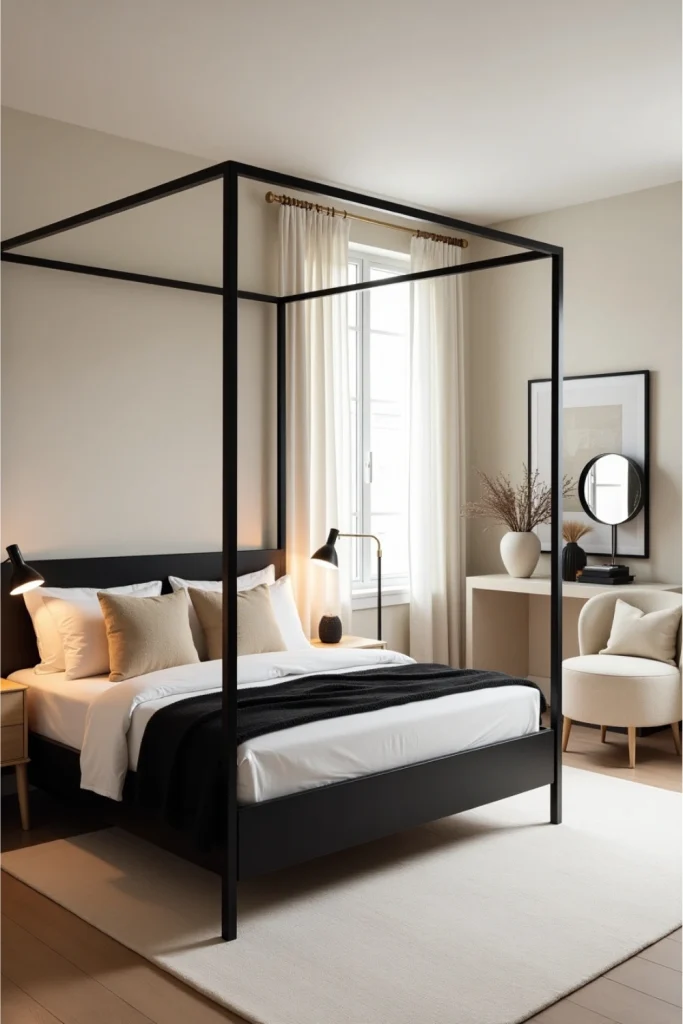 Modern beige and black bedroom with cream accents, canopy bed, boucle chair, and warm lighting.