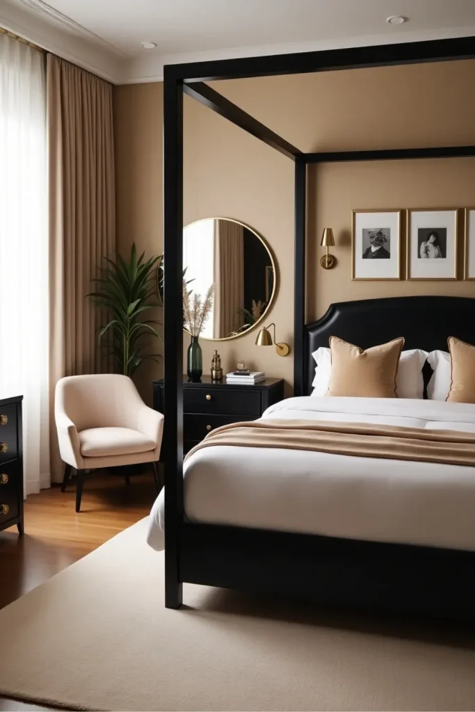 Elegant beige and black bedroom with gold accents, canopy bed, and velvet textures in glam decor.