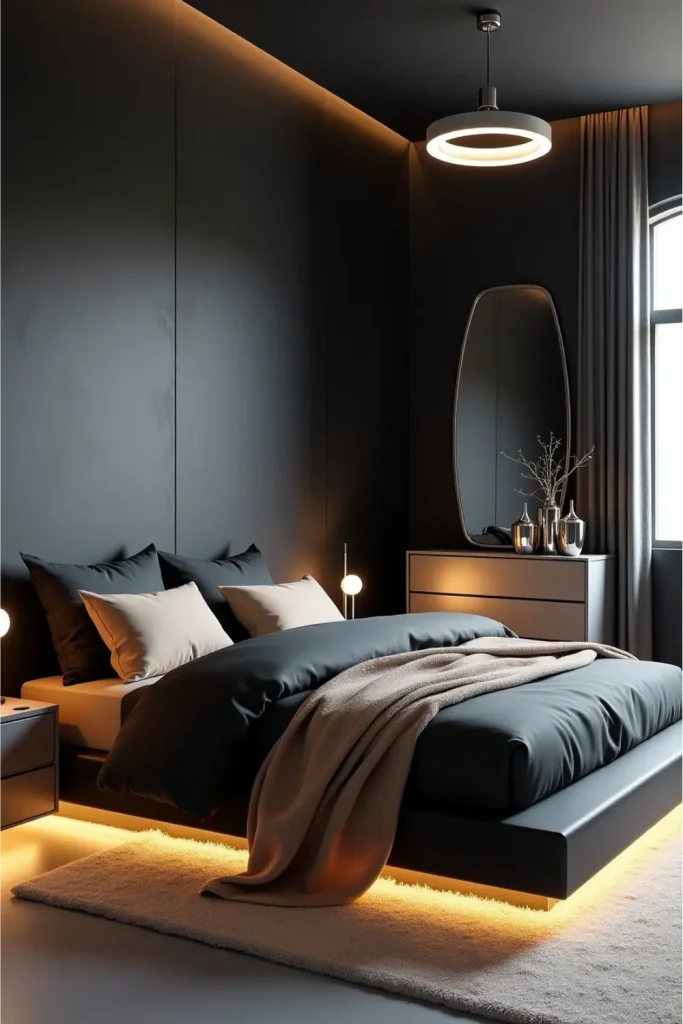 Minimalist black and beige bedroom with metallic accents, textured wall, and layered textiles.