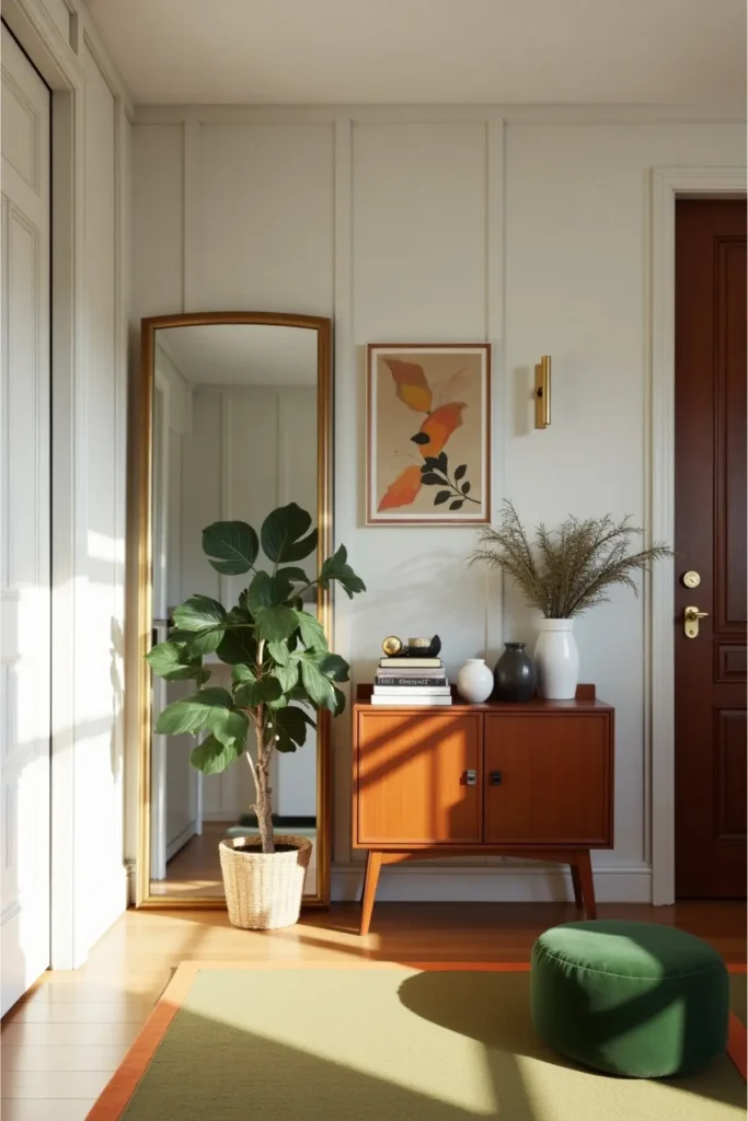 Oversized brass mirror in eclectic entryway with walnut console, plants, and soft ambient lighting.