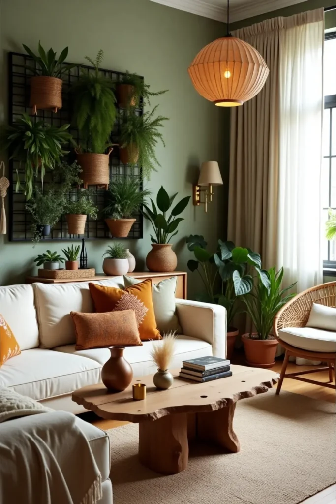 Boho luxury living room with lush plant wall, linen sofa, jute rug, and warm natural lighting.