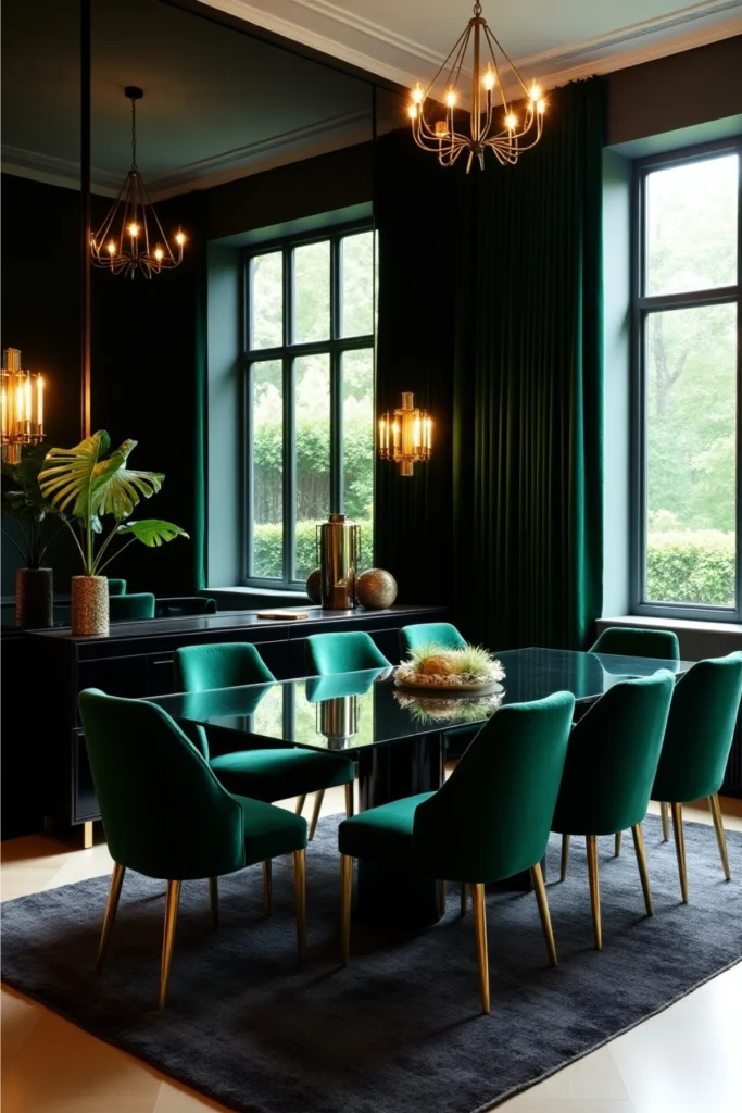 Modern glam dining room with black mirror wall, velvet chairs, and moody warm lighting ambiance.