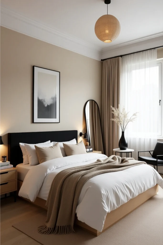 Scandinavian master bedroom with black headboard, beige walls, white bedding, and cozy accents.