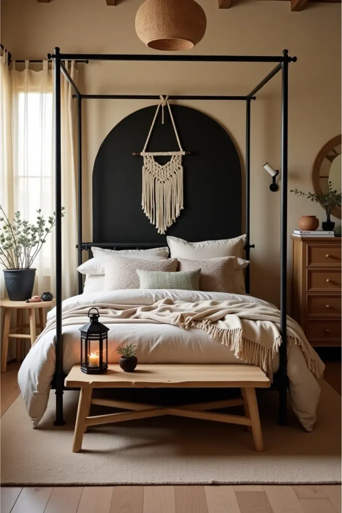 Boho bedroom with black canopy bed, beige walls, macramé decor, and warm natural textures.