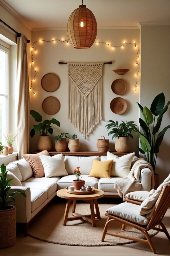 Boho living room with macramé wall, woven baskets, beige sofa, rattan chairs, and fairy lights