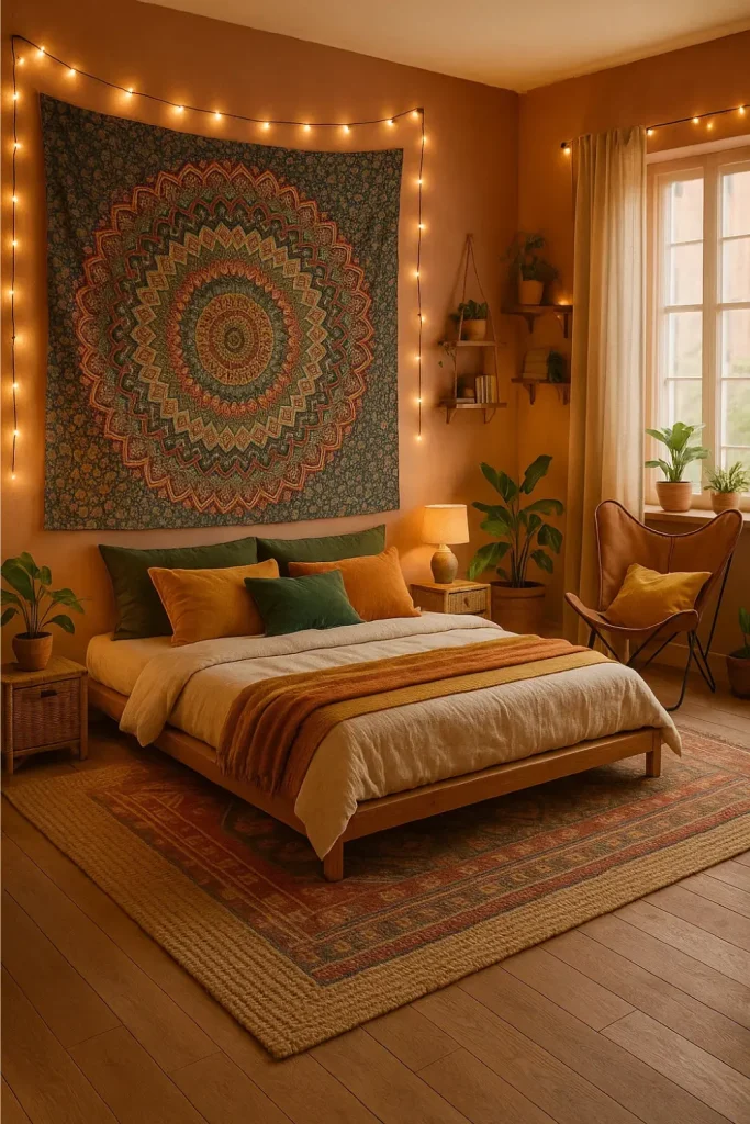 Bohemian bedroom with mandala tapestry, layered rugs, plants, and warm lights for cozy vibes.