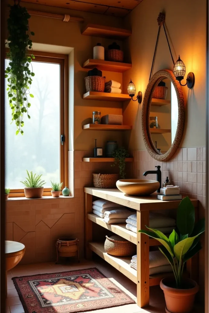 Boho bathroom with wood vanity, rattan mirror, plants, and colorful rug in earthy tones.