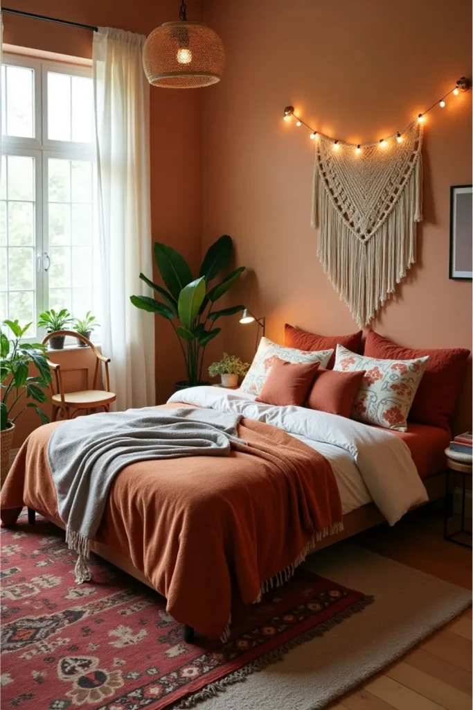 Boho bedroom with macramé, layered rugs, warm lighting, indoor plants, and vintage decor details.