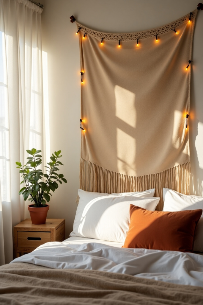 Creamy beige boho tapestry above bed with fairy lights, terracotta pillows, and cozy bedroom decor.