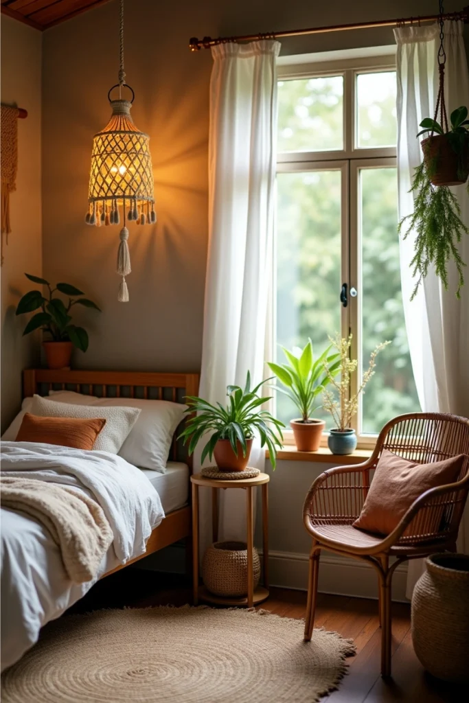 Boho bedroom with DIY macramé lantern, beaded chandelier, earthy tones, and cozy textures.