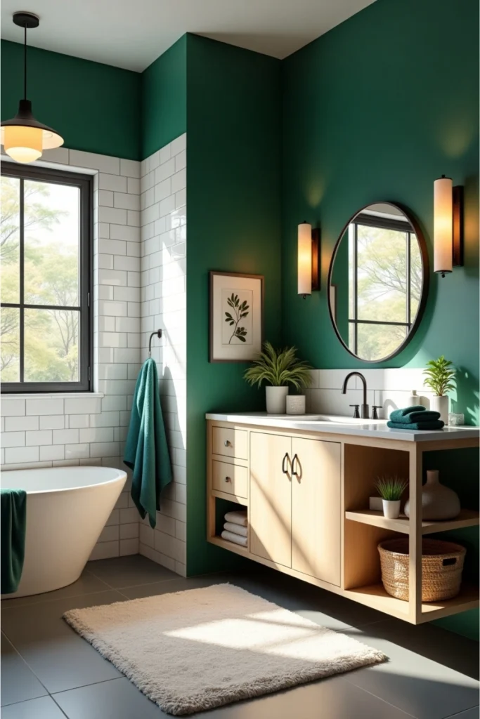 Modern bathroom with emerald accent wall, bold art, navy towels, and warm lighting for vibrant style.
