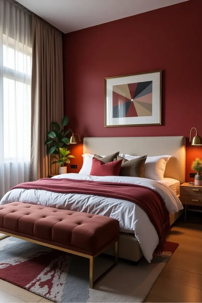Bold bedroom with red accent wall, gold decor, velvet bench, plants, and layered cozy bedding.