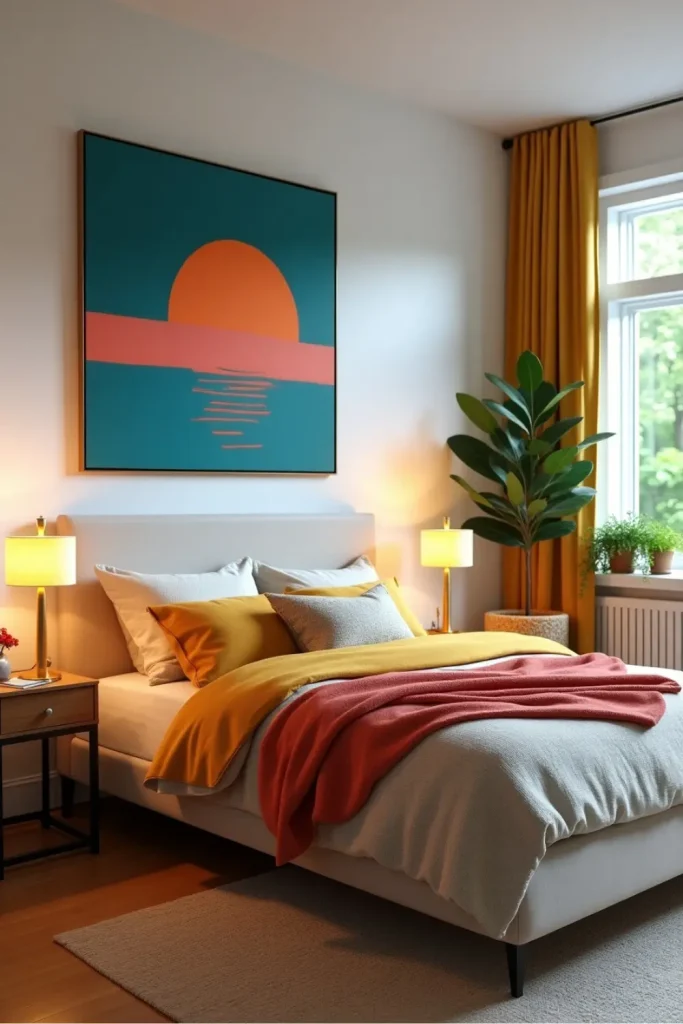 Modern bedroom with bold abstract canvas above bed, colorful textiles, and soft ambient lighting