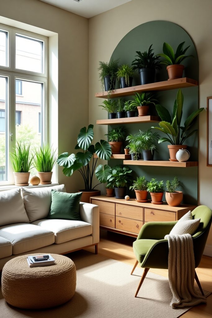 Modern living room with vertical plant wall, natural textures, and warm sunlight through window.
