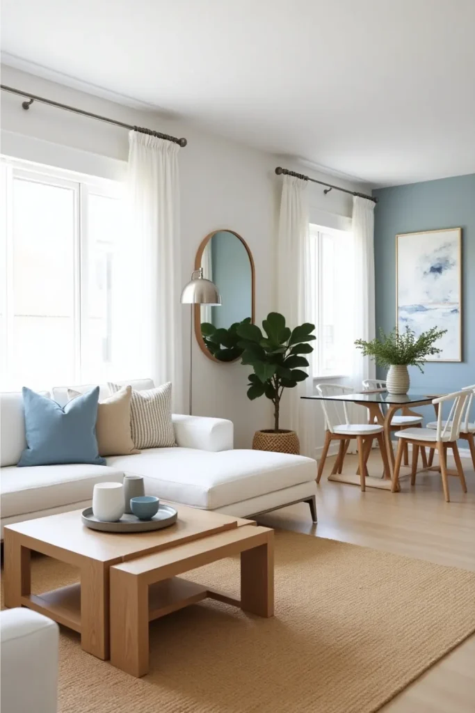 Minimalist coastal living-dining room with glass table, white sofa, sheer curtains, and plants.