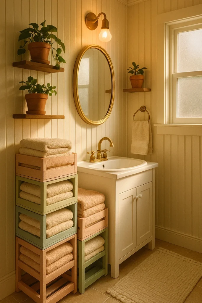 Budget bathroom with pastel crates, gold mirror, plants, and cozy decor in soft warm light.