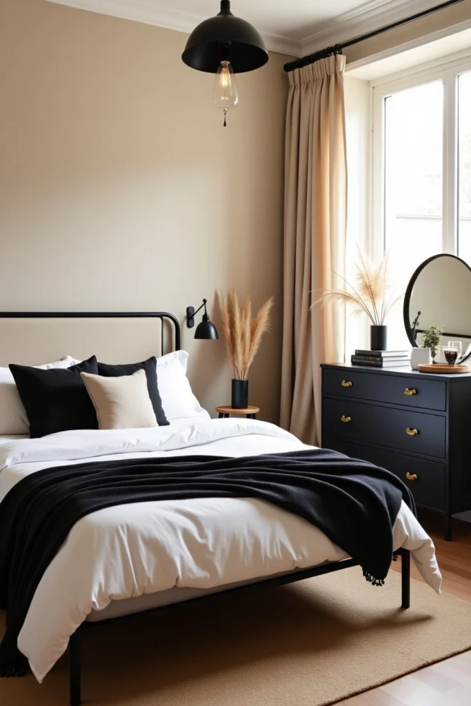 Minimalist beige and black bedroom with linen headboard, black bed frame, and jute rug.