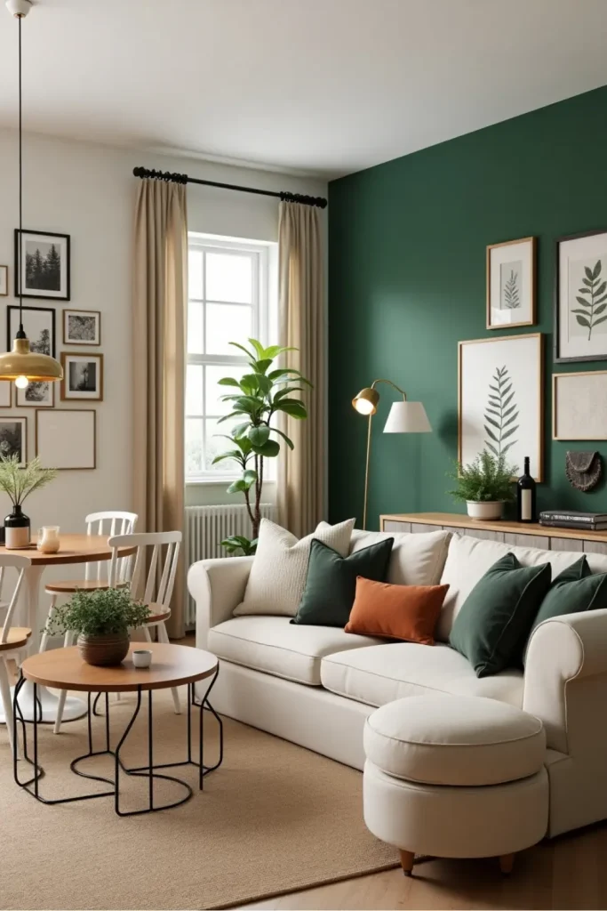 Cozy modern cottage living-dining combo with emerald accent wall, vintage decor, and warm lighting.