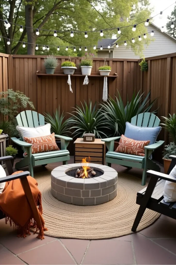 Cozy backyard with DIY fire pit, string lights, thrifted chairs, boho pillows, and potted plants.