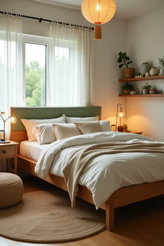 Cozy boho bedroom with sage tones, DIY decor, sheer curtains, mason jar candles, and thrifted finds.