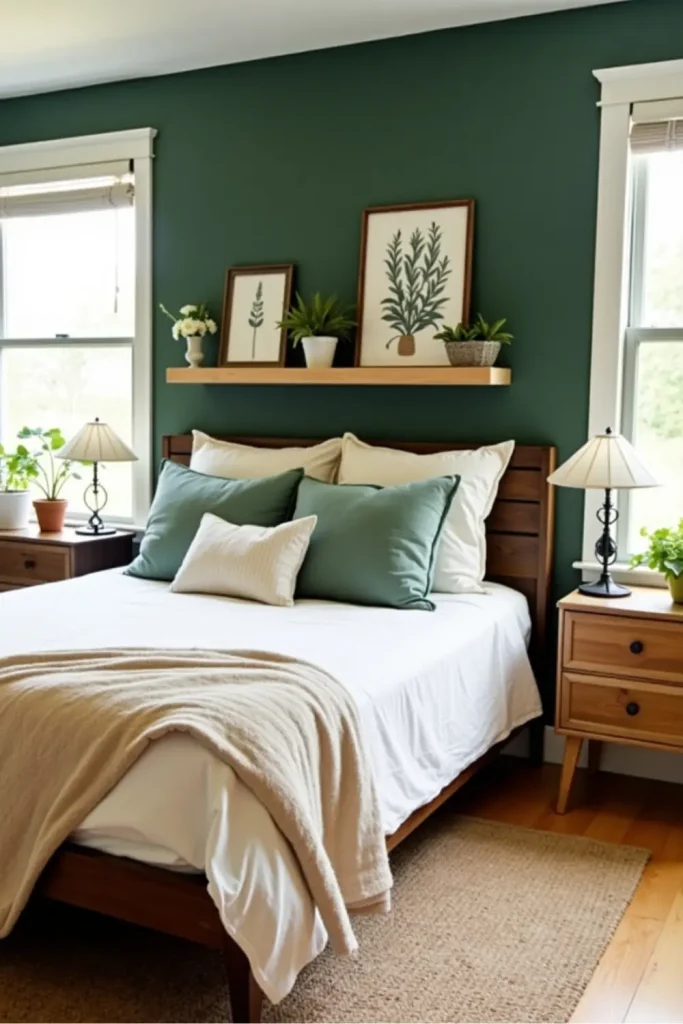 Budget green bedroom with forest accent wall, upcycled furniture, cozy textiles, and warm lighting.
