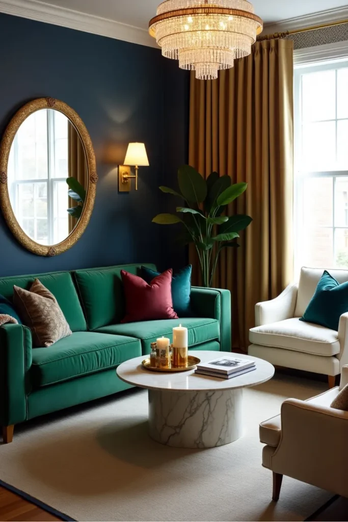 Elegant Art Deco-inspired living room with velvet seating, gold accents, and vintage decor detail